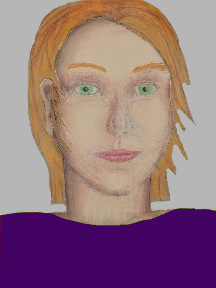a portrait of a person with cream skin, red hair, and a indigo coloured shirt