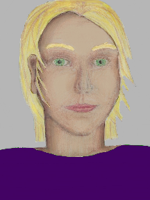 a portrait of a person with cream skin, blonde hair, and a indigo coloured shirt