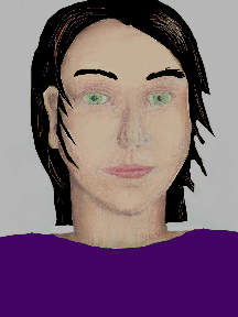 a portrait of a person with cream skin, black hair, and a indigo coloured shirt