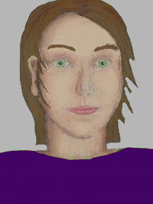 a portrait of a person with cream skin, brown hair, and a indigo coloured shirt