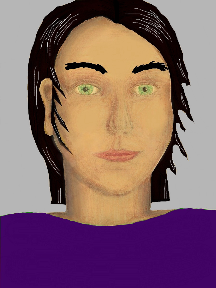 a portrait of a person with golden skin, black hair, and a indigo coloured shirt