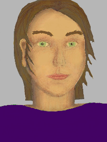 a portrait of a person with golden skin, brown hair, and a indigo coloured shirt