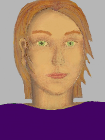 a portrait of a person with golden skin, red hair, and a indigo coloured shirt