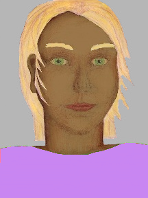 a portrait of a person with caramel skin, blonde hair, and a lilac coloured shirt