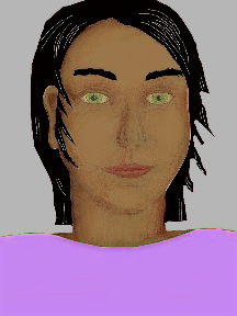 a portrait of a person with caramel skin, black hair, and a lilac coloured shirt
