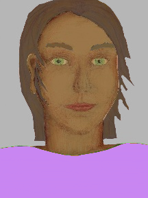 a portrait of a person with caramel skin, brown hair, and a lilac coloured shirt