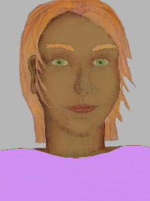 a portrait of a person with caramel skin, red hair, and a lilac coloured shirt