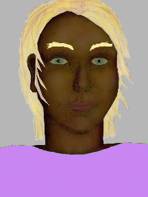 a portrait of a person with chocolate skin, blonde hair, and a lavender coloured shirt