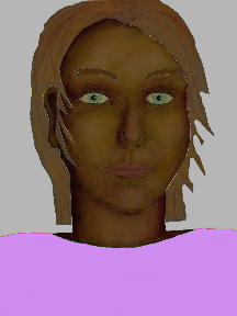 a portrait of a person with chocolate skin, brown hair, and a lavender coloured shirt