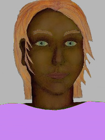 a portrait of a person with chocolate skin, red hair, and a lilac coloured shirt