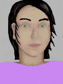 a portrait of a person with cream skin, black hair, and a lavender coloured shirt