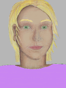 a portrait of a person with cream skin, blonde hair, and a lilac coloured shirt