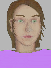 a portrait of a person with cream skin, brown hair, and a lavender coloured shirt