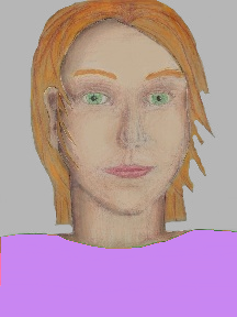 a portrait of a person with cream skin, red hair, and a lilac coloured shirt