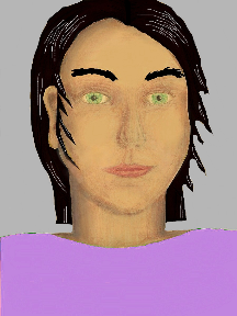 a portrait of a person with golden skin, black hair, and a lavender coloured shirt