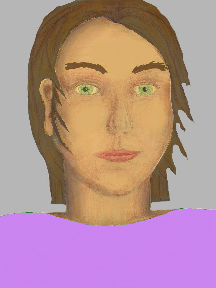 a portrait of a person with golden skin, brown hair, and a lilac coloured shirt