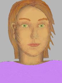 a portrait of a person with golden skin, red hair, and a lilac coloured shirt