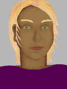 a portrait of a person with caramel skin, blonde hair, and a purple coloured shirt