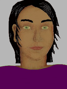 a portrait of a person with caramel skin, black hair, and a purple coloured shirt