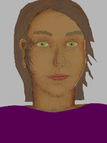 a portrait of a person with caramel skin, brown hair, and a purple coloured shirt