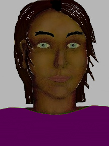 a portrait of a person with chocolate skin, black hair, and a purple coloured shirt