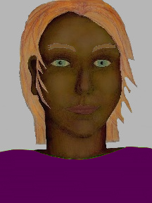 a portrait of a person with chocolate skin, red hair, and a purple coloured shirt