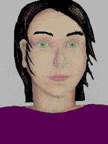 a portrait of a person with cream skin, black hair, and a purple coloured shirt