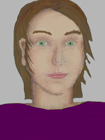 a portrait of a person with cream skin, brown hair, and a purple coloured shirt