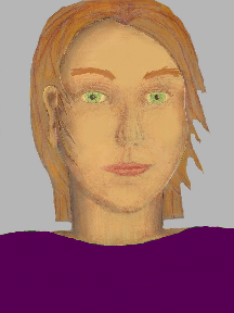 a portrait of a person with golden skin, red hair, and a purple coloured shirt
