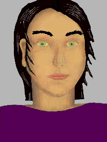 a portrait of a person with golden skin, black hair, and a purple coloured shirt