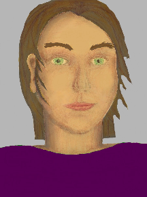 a portrait of a person with golden skin, brown hair, and a purple coloured shirt