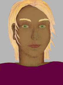 a portrait of a person with caramel skin, blonde hair, and a plum coloured shirt