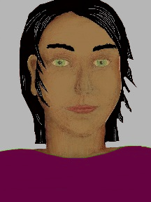 a portrait of a person with caramel skin, black hair, and a plum coloured shirt