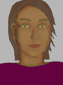 a portrait of a person with caramel skin, brown hair, and a plum coloured shirt