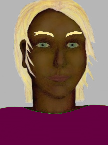 a portrait of a person with chocolate skin, blonde hair, and a plum coloured shirt
