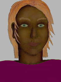 a portrait of a person with chocolate skin, red hair, and a plum coloured shirt
