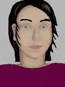 a portrait of a person with cream skin, black hair, and a plum coloured shirt