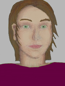 a portrait of a person with cream skin, brown hair, and a plum coloured shirt