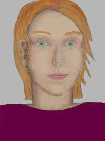 a portrait of a person with cream skin, red hair, and a plum coloured shirt