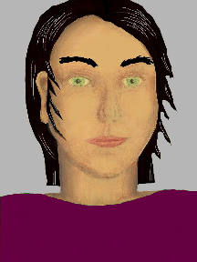a portrait of a person with golden skin, black hair, and a plum coloured shirt