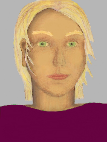 a portrait of a person with golden skin, blonde hair, and a plum coloured shirt