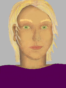 a portrait of a person with golden skin, blonde hair, and a purple coloured shirt
