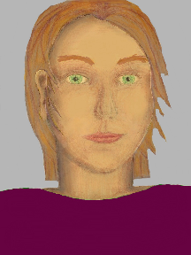 a portrait of a person with golden skin, red hair, and a plum coloured shirt