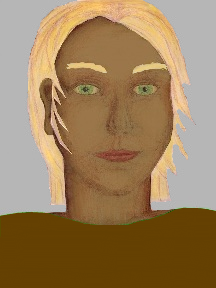 a portrait of a person with caramel skin, blonde hair, and a brown coloured shirt