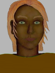 a portrait of a person with chocolate skin, red hair, and a brown coloured shirt