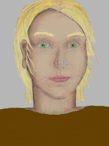 a portrait of a person with cream skin, blonde hair, and a brown coloured shirt