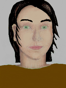 a portrait of a person with cream skin, black hair, and a brown coloured shirt