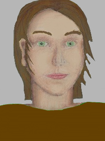 a portrait of a person with cream skin, brown hair, and a brown coloured shirt