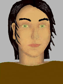 a portrait of a person with golden skin, black hair, and a brown coloured shirt