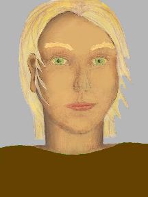 a portrait of a person with golden skin, blonde hair, and a brown coloured shirt